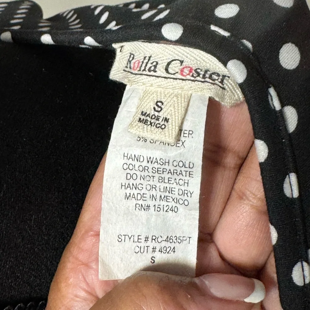 Black White Polka Dot Faux Wrap Dress | V Neck Short Sleeve Mini Dress | Small - Picture 6 of 6